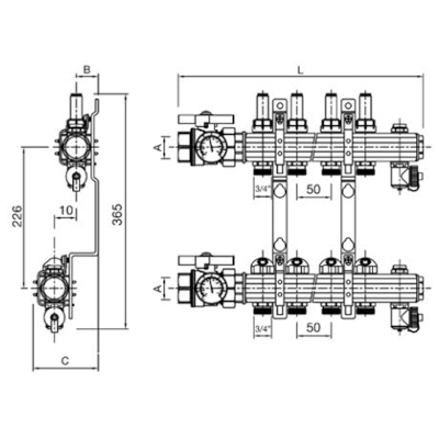 COLLETTORE OTTONE Ø 1.1/4X1 14 ATTACCHI  L = 881 MM C/VAL.