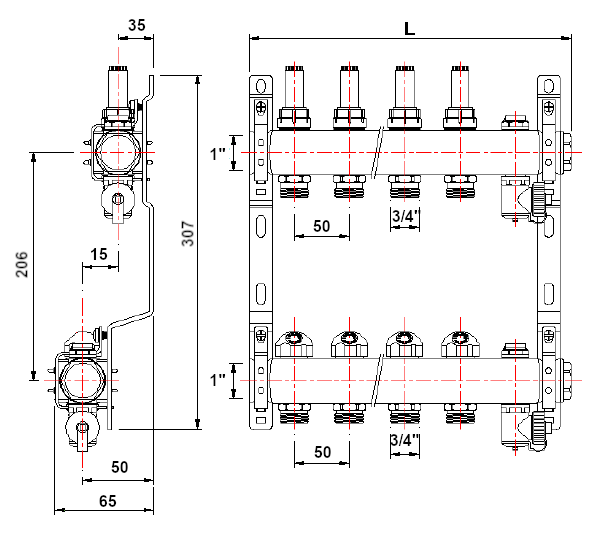 COLLETTORE ACCIAIO INOX Ø 1 X 4 ATTACCHI  L = 285 MM